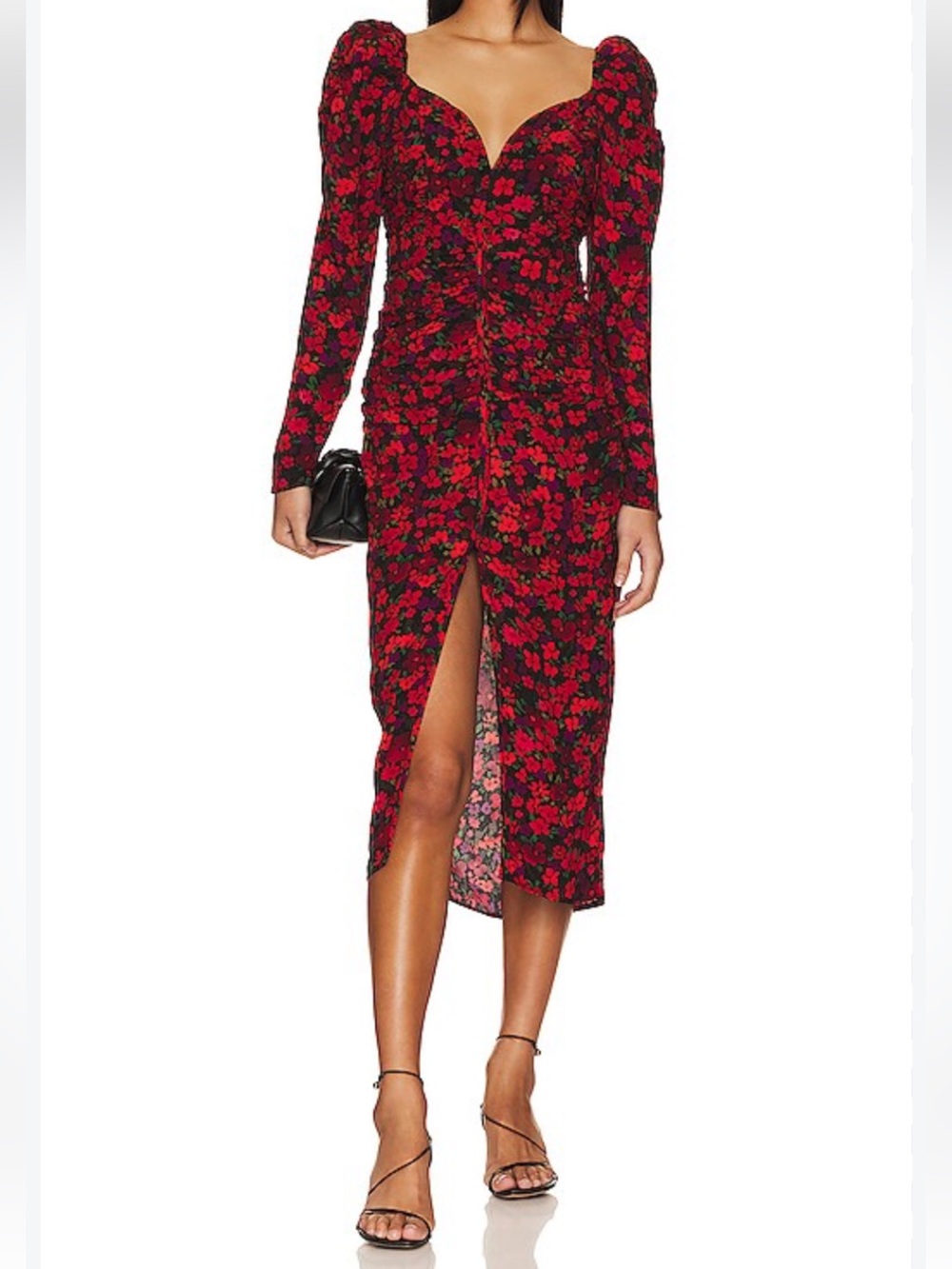 ASTR Red Floral Midi Dress with Ruched Front